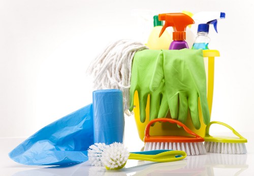Carpet cleaning equipment ready for use in a North London flat