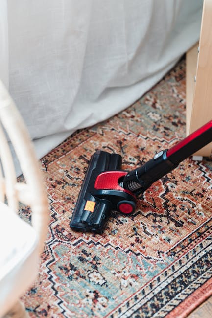 A handheld vacuum cleaner with a red and black design is positioned on a patterned area rug with intricate geometric and floral motifs in shades of red, blue, beige, and cream. The rug is situated on a hardwood floor, partially visible around its edges, and appears clean and well-maintained. Light-colored curtains or drapes are seen in the background, covering a window or partition, with soft natural light illuminating the scene. The setting appears to be a domestic living space, emphasizing surface cleaning and deep cleaning processes. The image depicts a professional approach to upholstery or carpet cleaning by Carpet Cleaning Islington, highlighting their focus on hygiene and meticulous maintenance of domestic surfaces.
