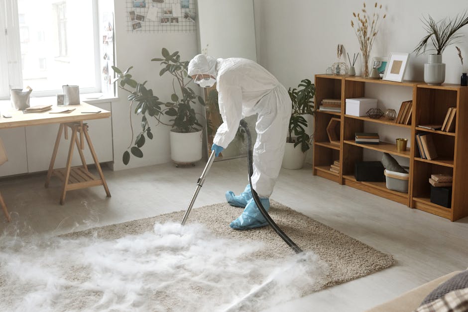 A professional in a white protective suit, gloves, and a hair covering is using a vacuum or steam cleaning machine to deep clean a beige plush carpet in a bright, modern living room. The room features natural daylight coming through large windows, a wooden side table near the window with decorative items, and a wooden bookshelf filled with books and ornaments. The hardwood or laminate flooring adjacent to the carpet appears clean, and a potted plant adds a touch of greenery to the space. The scene emphasizes thorough surface cleaning and sanitisation, consistent with the services of Carpet Cleaning Islington for same-day stain removal and hygienic home maintenance.